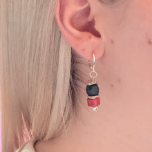 Load image into Gallery viewer, Black and Red Wood Beaded Earrings with Silver Accents on Silver Plated Huggie Ear Wire