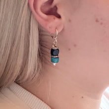 Load image into Gallery viewer, Black and Turquoise Wood Beaded Earrings with Silver Accents on Silver Plated Huggie Ear Wire (Copy)