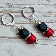 Load image into Gallery viewer, Black and Red Wood Beaded Earrings with Silver Accents on Silver Plated Huggie Ear Wire
