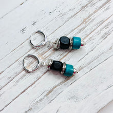Load image into Gallery viewer, Black and Turquoise Wood Beaded Earrings with Silver Accents on Silver Plated Huggie Ear Wire (Copy)