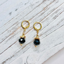 Load image into Gallery viewer, Black Faceted Bead Huggie Earrings on Gold Plated Ear Wire
