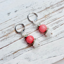 Load image into Gallery viewer, Coral Dyed Quartzite and White Jade Earrings with Silver Accents on Silver Plated Huggie Ear Wire