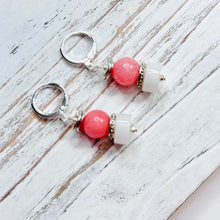 Load image into Gallery viewer, Coral Dyed Quartzite and White Jade Earrings with Silver Accents on Silver Plated Huggie Ear Wire