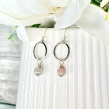 Load image into Gallery viewer, Grey Moonstone Beaded Earrings on Hammered Silver Hoop with Silver Plated Ear Wire