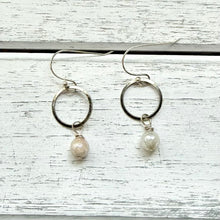 Load image into Gallery viewer, Grey Moonstone Beaded Earrings on Hammered Silver Hoop with Silver Plated Ear Wire