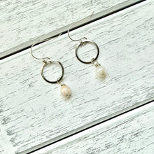 Load image into Gallery viewer, Grey Moonstone Beaded Earrings on Hammered Silver Hoop with Silver Plated Ear Wire