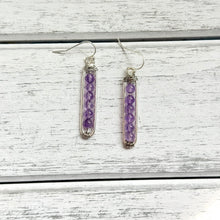 Load image into Gallery viewer, Amethyst Beaded Cage Earrings on Silver Plated Ear Wire