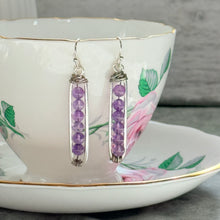 Load image into Gallery viewer, Amethyst Beaded Cage Earrings on Silver Plated Ear Wire