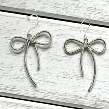 Load image into Gallery viewer, Silver Bow Dangle Earrings