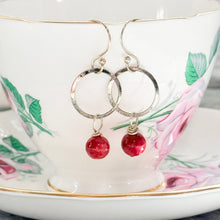 Load image into Gallery viewer, Red Dyed Quartzite Earrings on Hammered Hoop with Silver Plated Ear Wire