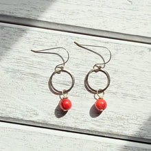 Load image into Gallery viewer, Red Dyed Quartzite Earrings on Hammered Hoop with Silver Plated Ear Wire