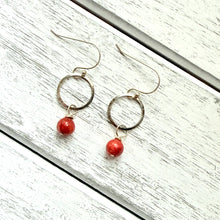 Load image into Gallery viewer, Red Dyed Quartzite Earrings on Hammered Hoop with Silver Plated Ear Wire