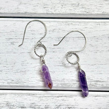 Load image into Gallery viewer, Amethyst Crystal Point Earrings on Plated Silver Ear Wire
