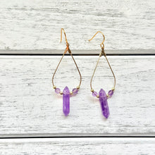 Load image into Gallery viewer, Amethyst Crystal Point Teardrop Earrings on Gold Plated Ear Wire