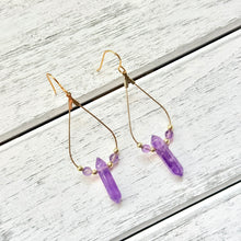 Load image into Gallery viewer, Amethyst Crystal Point Teardrop Earrings on Gold Plated Ear Wire