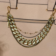 Load image into Gallery viewer, Layered Gold and Gunmetal Purse Chain with Rhinestone and Celestial Charm Detail