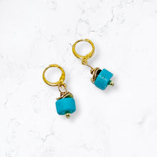 Load image into Gallery viewer, Turquoise Magnesite Huggie Earrings on Gold Plated Ear Wire